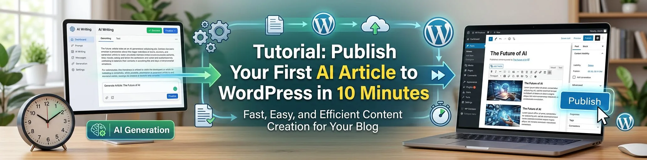 Publish your first AI-generated article to WordPress in 10 minutes: connect your site, add an API key, generate, review, and publish — step by step. /content-architect-blog/posts/publish-first-ai-article-to-wordpress-in-10-minutes/feature.webp