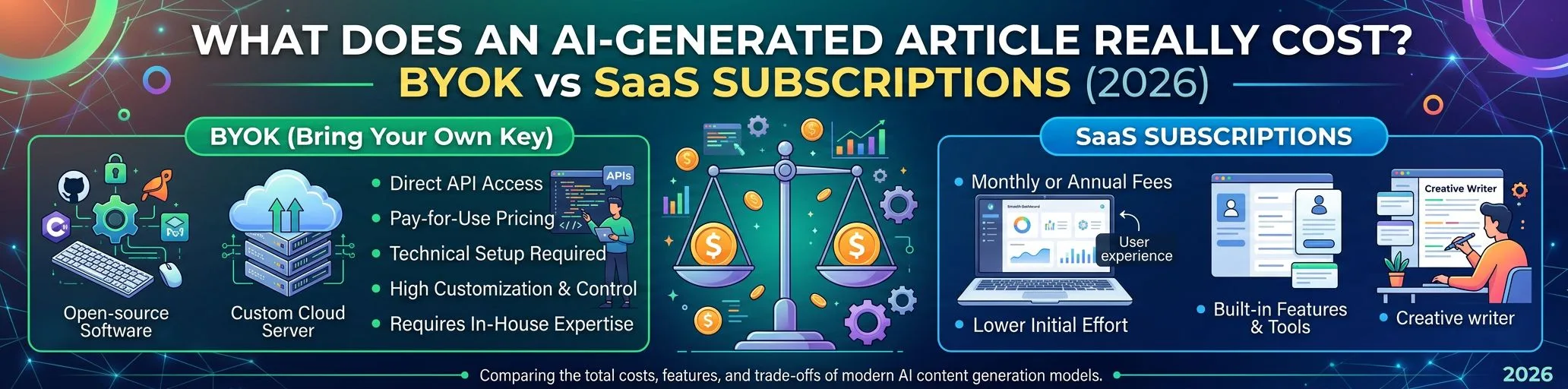 The real cost of an AI-generated article in 2026: $0.03–$0.30 with your own API keys vs $1–$5 through SaaS subscriptions. Full BYOK vs SaaS cost breakdown. /content-architect-blog/posts/real-cost-of-ai-generated-articles-byok-vs-saas/feature.webp